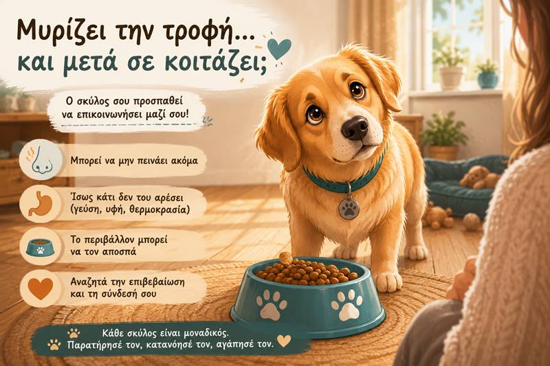 Γιατί ο σκύλος μου μυρίζει την τροφή και μετά με&nbsp;κοιτάζει;